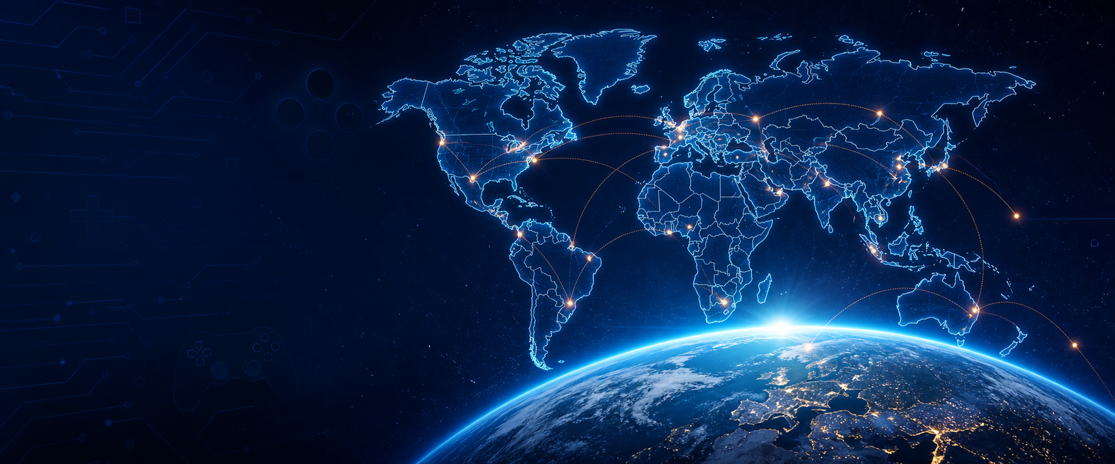 Illuminated world map showing the GAMEACRE global B2B support network