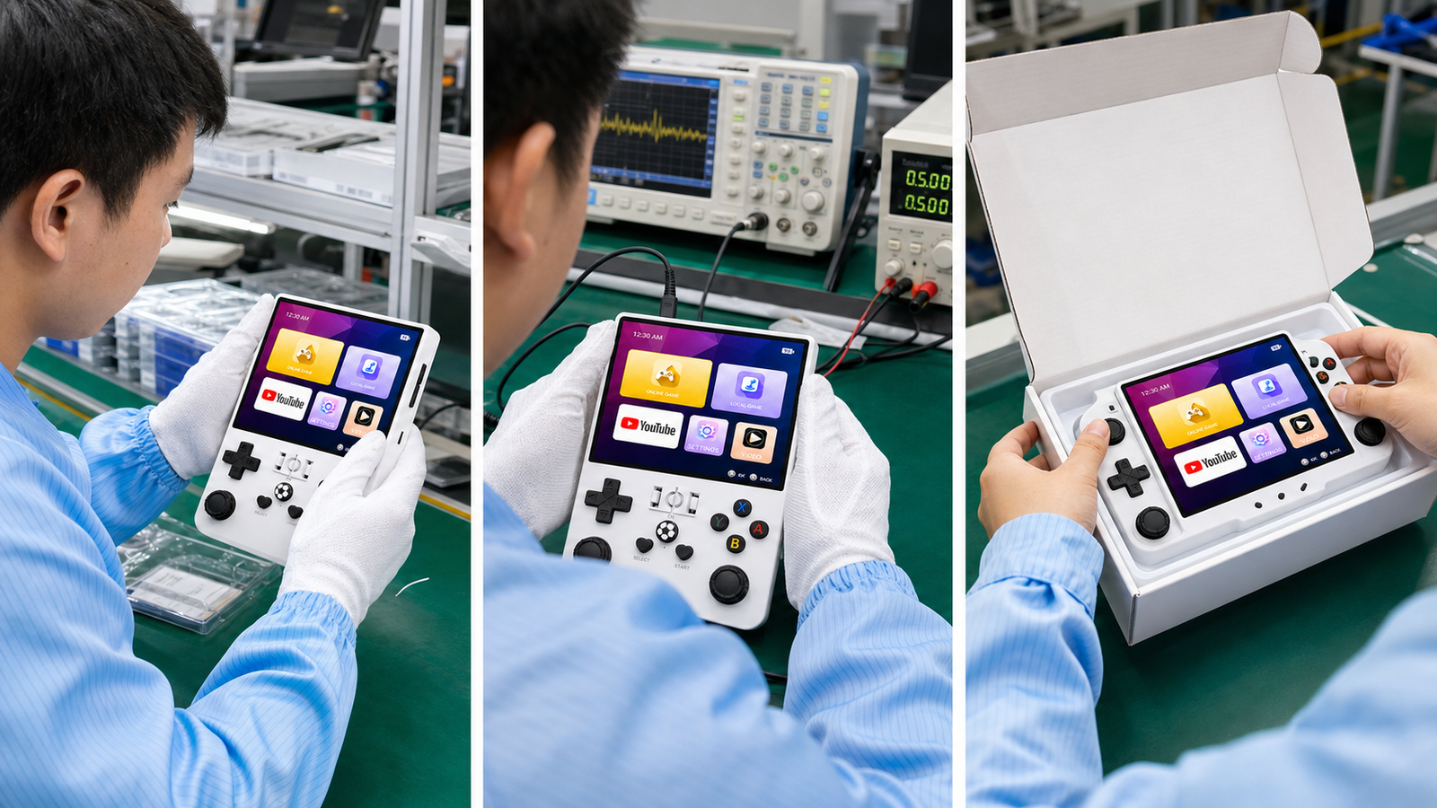Chinese technicians inspecting, testing and packing handheld consoles